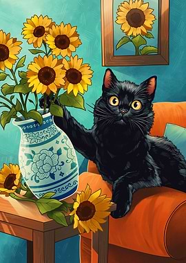 Black Cat with Sunflowers