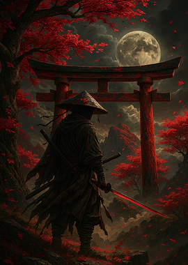 Samurai in Red Autumn Landscape