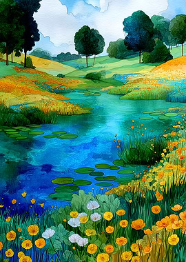 Watercolor Pond Landscape with Flowers