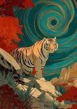 Tiger in Landscape with Vortex Swirls