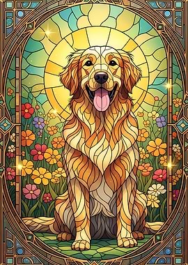 Stained Glass Golden Retriever Portrait