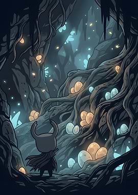 Hollow Knight in a Glowing Cave