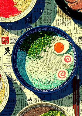 Anime-style Ramen Bowls on Newspaper Tablecloth