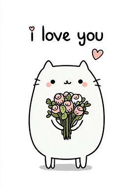 Cute Cat with Flowers - I Love You