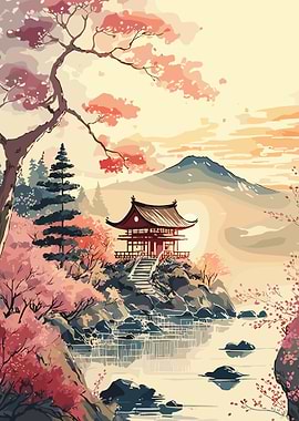 Japanese Temple Landscape with Cherry Blossoms