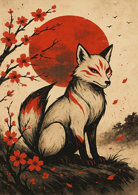 Fox with Red Moon and Blossoms