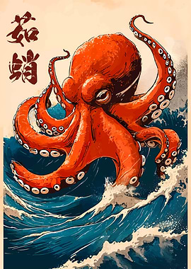 Octopus in Waves Japanese Art