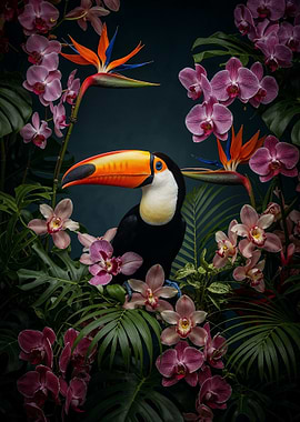 Toucan in Tropical Floral Arrangement