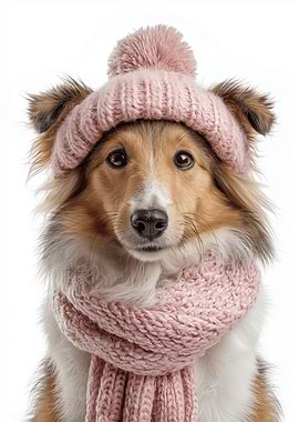 Cozy Shetland Sheepdog in Pink Hat and Scarf