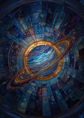 Stained Glass Saturn Planet Art