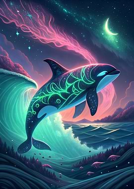 Neon Orca in a Fantasy Landscape