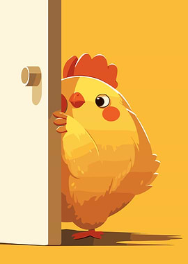 Cartoon Chicken Peeking Behind Door