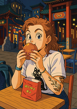 Anime Girl Eating a Bun in Chinatown