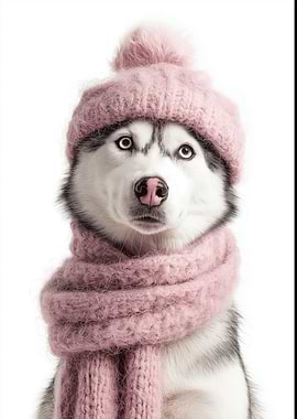 Cozy Husky with Pink Hat and Scarf