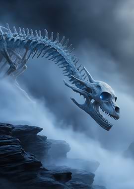 Dragon Skeleton in Misty Landscape