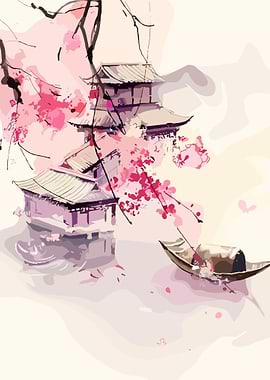 Japanese Pagoda with Cherry Blossoms Painting