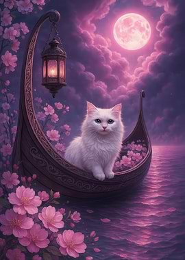 Cat in Boat Under Pink Moon