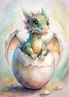Watercolor Baby Dragon Hatching