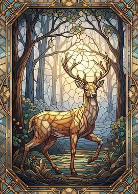 Stained Glass Deer in Forest