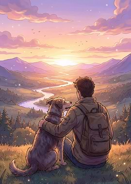 Man and Dog Overlooking Mountain Landscape