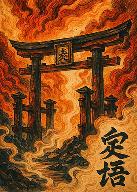 Torii Gate in Fiery Landscape