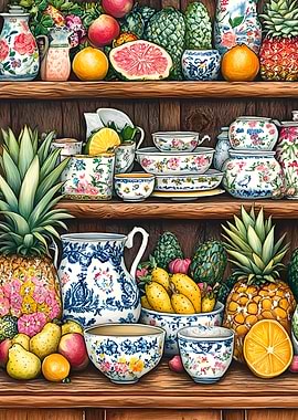 Floral China and Fruit Still Life