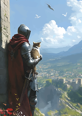 Knight and Cat Overlooking Landscape