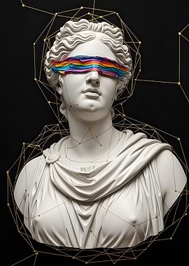 Statue with Rainbow Blindfold and Geometric Lines