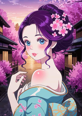 Anime Girl in Kimono with Cherry Blossoms