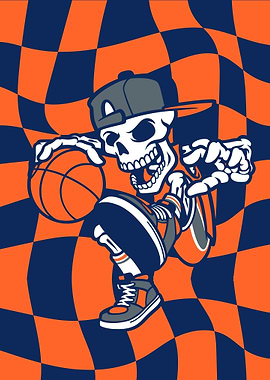 Skeleton Basketball Player with Checkered Background