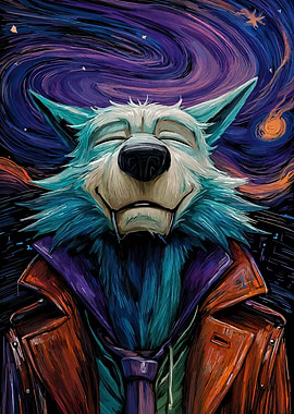 Smiling Wolf in Jacket Under Galaxy