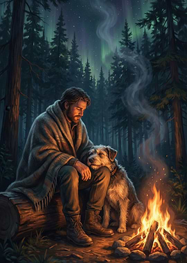 Man and Dog by Campfire