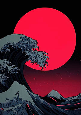 Great Wave Red Moon Digital