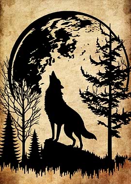 Wolf Howling at the Moon Silhouette