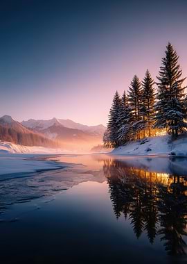 Winter Landscape with Lake and Trees