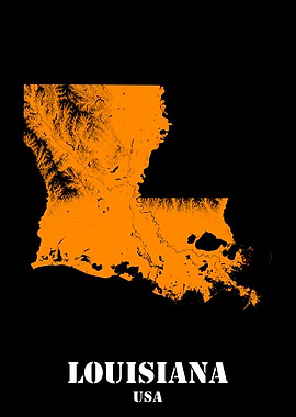 Louisiana USA State Minimalist Black Orange Topographic Contour Relief Map featuring terrain in orange color