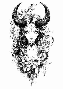 Horned Woman with Floral Adornments