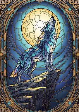 Stained Glass Wolf Howling at Moon