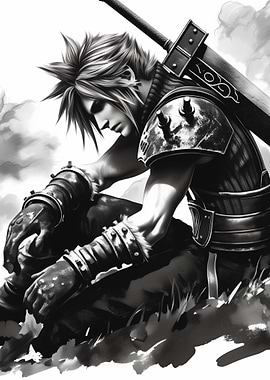 Cloud Strife Monochrome Illustration
