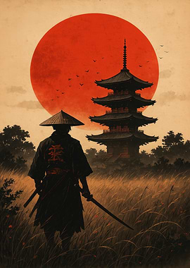 Samurai with Temple and Rising Sun