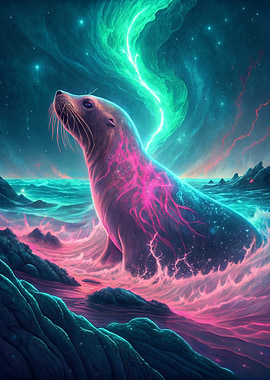 Mystical Seal Under Aurora Borealis