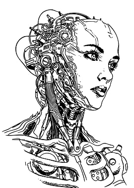 Cyborg Woman Black and White Illustration