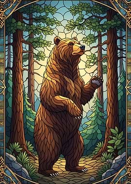 Stained Glass Bear in Forest