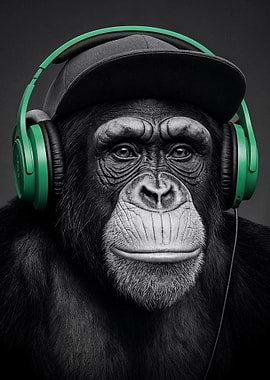 Chimpanzee with Headphones and Cap