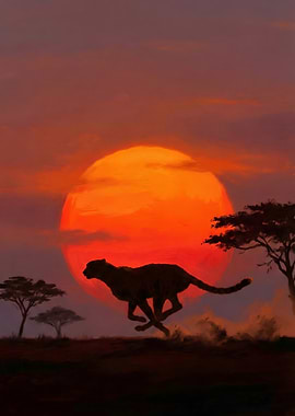 Cheetah Running at Sunset