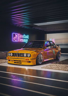 Yellow BMW E30 with Rocket Bunny kit