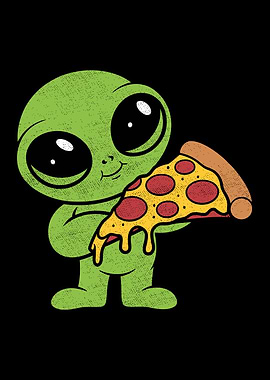 Cute Alien Eating Pizza Illustration