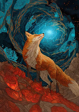 Fox Gazing at Celestial Vortex Light