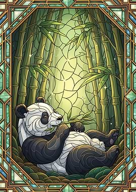 Panda in Bamboo Forest Stained Glass