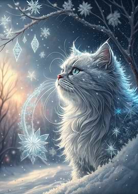 Winter Cat with Snowflakes